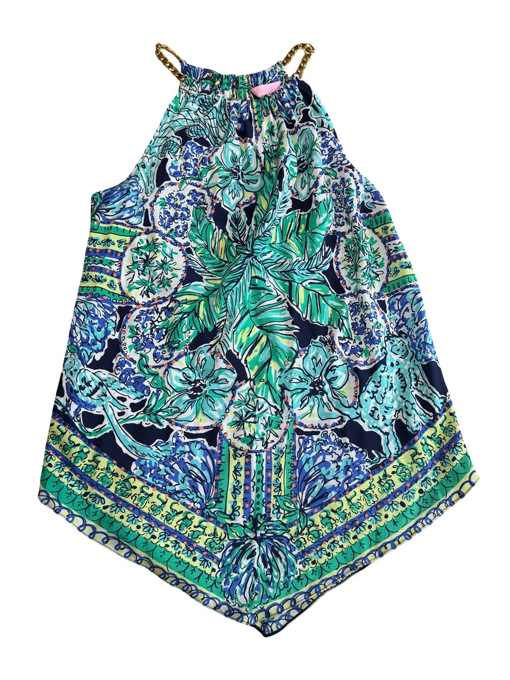 Lilly Pulitzer Cabana Top Resort White Flock Together Chain Halter Blue Green